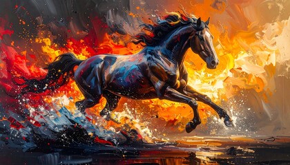 Powerful black horse running amidst fire and water
