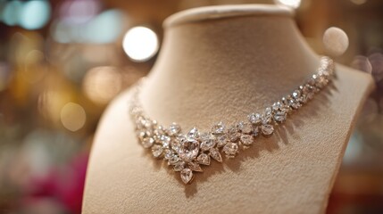 A stunning diamond necklace is beautifully showcased on a velvet bust in a jewelry store. The intricate design sparkles under the warm afternoon light attracting attention from potential buyers.