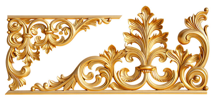 Ornate golden wood carving with floral motifs isolated on white background
