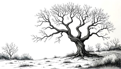 Detailed black and white drawing of a barren landscape