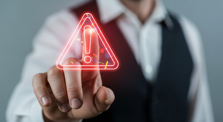 A person touching a red glowing warning sign with an exclamation point on a digital interface screen