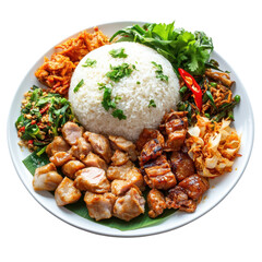 Thai food plate meal meat, A plate of Thai food featuring various meats, colorful vegetables, and aromatic herbs, beautifully arranged for a meal, isolated on transparent background