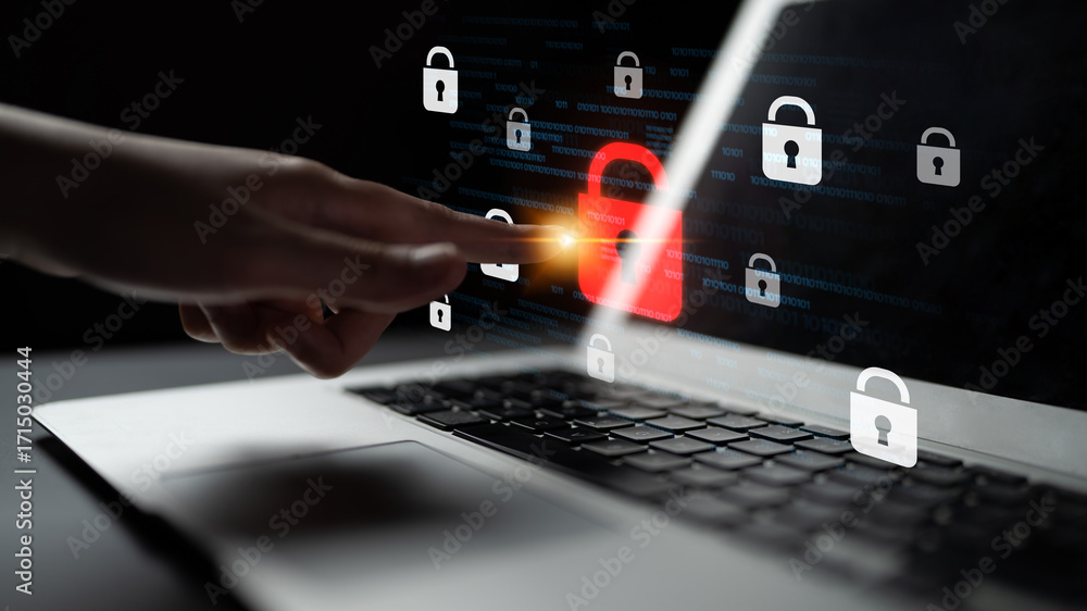Poster digital security concept illustrating a cybersecurity breach, with a red unlocked padlock indicating