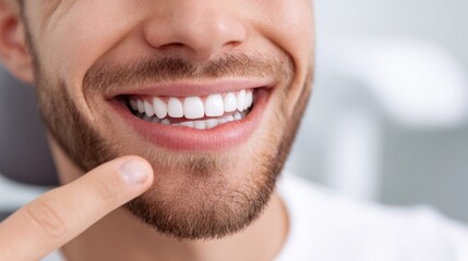 A young man with a well-groomed beard is smiling confidently and pointing to his white teeth in a bright and airy dental office showcasing his dental care results.