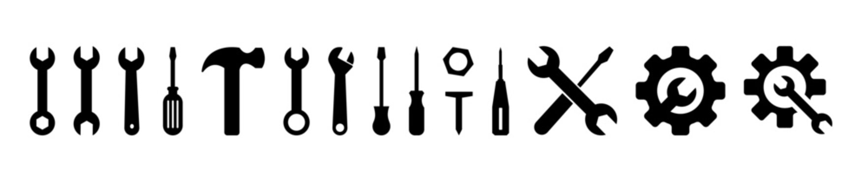 Tools and Service icons set. Wrench, screwdriver and gear icon. Screwdriver and wrench glyph icon. Settings and repair, service sign - stock vector.