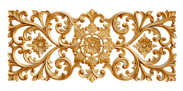 Ornate golden floral carving isolated on a transparent background