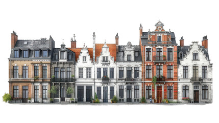 Row of historic european townhouses with ornate facades and varied architectural styles isolated on transparent background