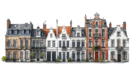 Row of historic european townhouses with ornate facades and varied architectural styles isolated on transparent background