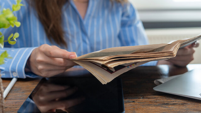 business woman using tablet pc for reading news
