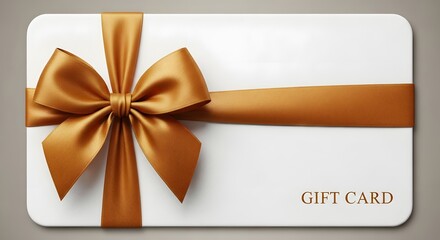 Gift card with golden ribbon and bow isolated on white background