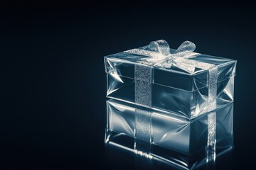 Shiny transparent gift box with silver ribbon sitting on a reflective surface at night