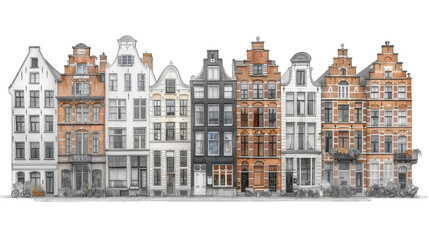 Collection of charming old dutch canal houses with distinctive gabled roofs and colorful facades isolated on transparent background