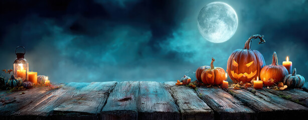 Halloween pumpkins on wooden table with full moon.