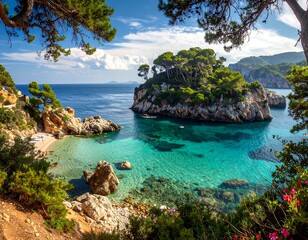 Fototapeta premium A tranquil cove nestled amongst lush greenery, showcasing a vibrant turquoise bay with a small island in the center.