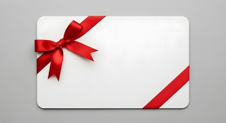 Blank white gift card with red ribbon and bow isolated on white background