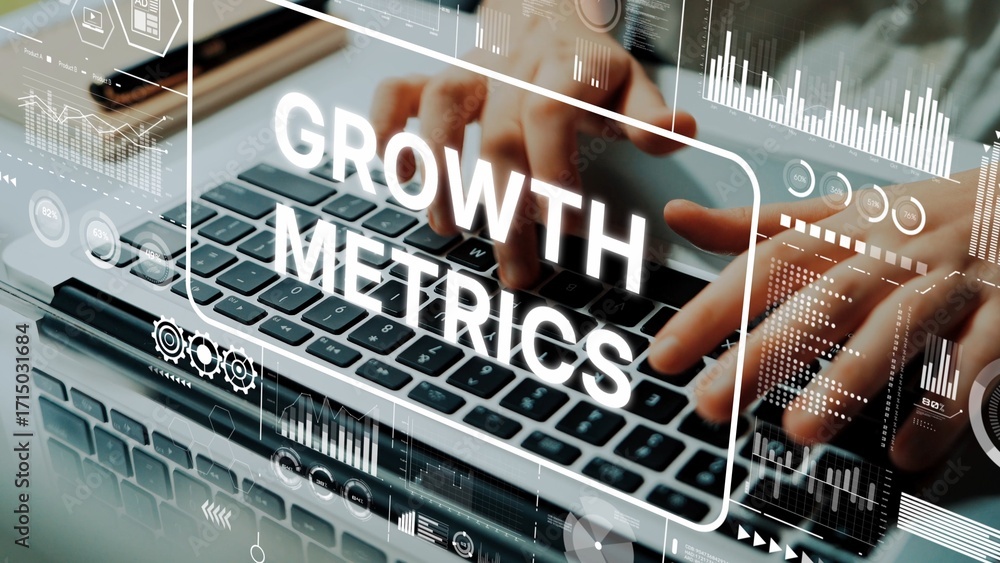Poster business growth metrics analysis with data visualization on laptop screen in modern workspace. asymp