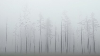 Fototapeta premium Misty forest scene with tall trees shrouded in dense fog and low visibility