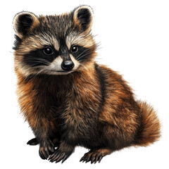 Tanuki, A tanuki, characterized by its fluffy fur and mask-like face, resting on the ground surrounded by greenery, isolated on transparent background