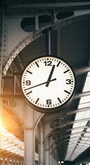 White face vintage train station clock hanging under the metal arch structure with a retro industrial design. Time and travel concept.