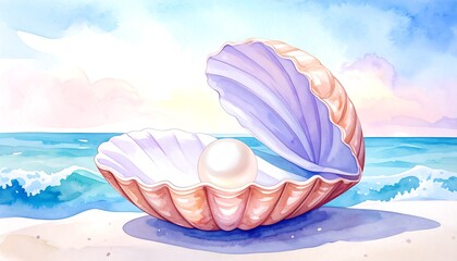 Watercolor seashell and pearl on a beach