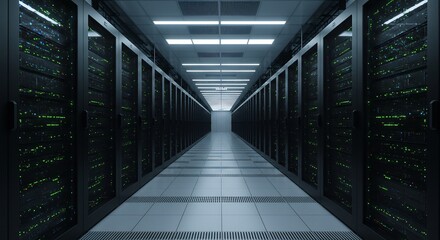 Modern data center interior with endless rows of blinking server racks, representing advanced IT infrastructure and technology.