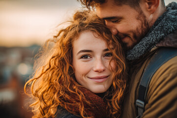 Warm golden hour light illuminates a couple embracing. Cinematic depth of field and soft romantic tones are perfect for Valentine's Day greeting cards and love celebration posters.
