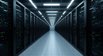 Modern Data Center Server Room Corridor with Rows of Network and Computer Servers, High Tech Cloud Computing Infrastructure