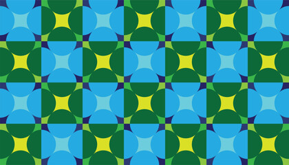 Seamless geometric pattern with blue and green circular shapes forming yellow star-like centers, modern abstract design ideal for textiles, wallpapers, and digital backgrounds