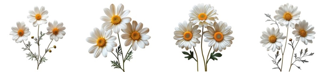 Fototapeta premium Collection of white daisylike flowers with yellow centers, isolated on transparent background