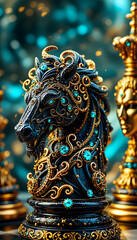 Fototapeta premium Fantasy black horse with golden ornate armor and jewels