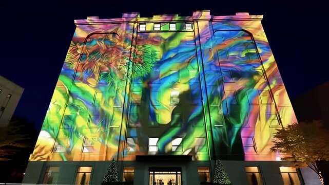 Vibrant night-time projection lights up a building facade with colorful urban art spectacle.