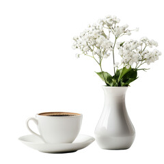 A steaming cup of coffee sits on a table next to a vase of fresh flowers, enhancing the inviting setting, isolated on transparent background
