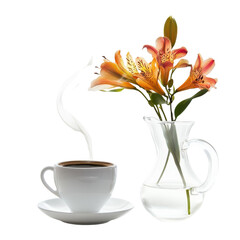 A steaming cup of coffee sits on a table next to a vase of fresh flowers, enhancing the inviting setting, isolated on transparent background