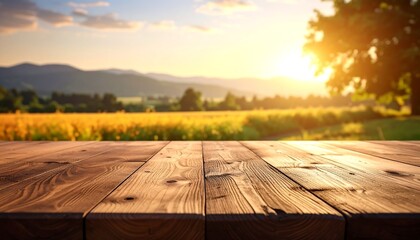 Wooden table outdoors at sunset
