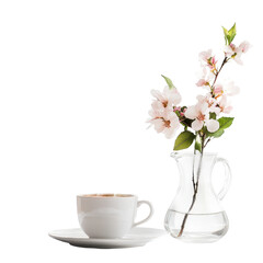A steaming cup of coffee sits on a table next to a vase of fresh flowers, enhancing the inviting setting, isolated on transparent background
