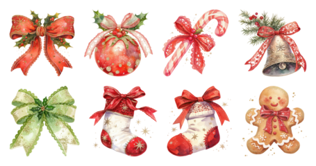 PNG Festive holiday decorations collection, element set on transparent background