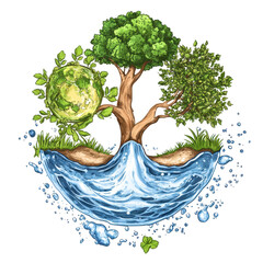 Symbolizing the perpetual water cycle, Diagram showing the water cycle, highlighting the processes of evaporation, condensation, and rainfall, isolated on transparent background