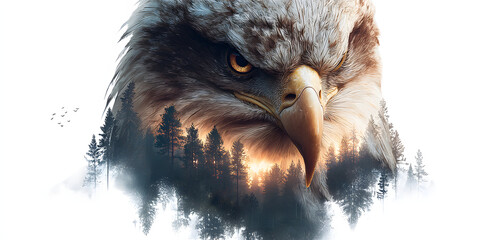 Majestic Eagle and Pine Forest: A striking illustration of an eagle, its intense gaze meeting the viewer, with the outline of a pine forest superimposed in the background.