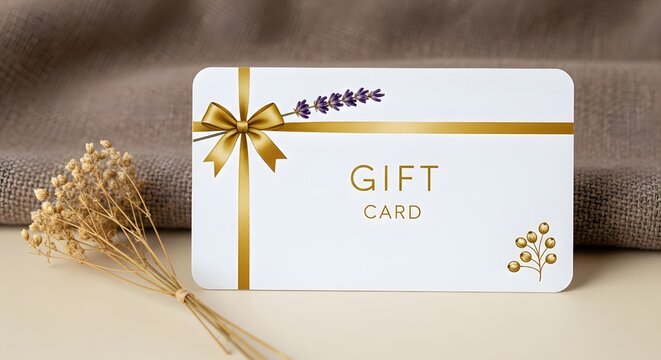 Elegant white gift card with golden ribbon and lavender sprig