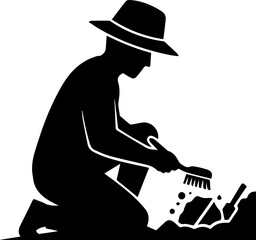 Dedicated archaeologist unearthing ancient artifacts with brush and trowel in a historical dig site