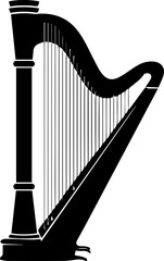 Elegant black harp silhouette evokes classical music, concert hall grandeur, and timeless elegance for sophisticated projects.