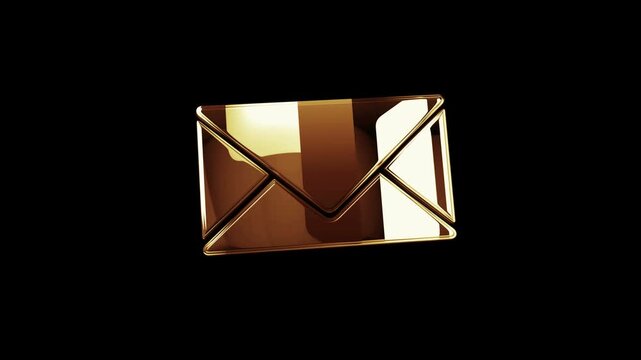 Envelope email and mail message golden metal shine symbol concept. Spectacular glowing and reflection light icon abstract 3d animation. Isolated object.