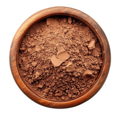 Sweet chocolate powder in a wooden, A wooden bowl filled with sweet chocolate powder, highlighting its deep brown hue and fine consistency for culinary use, isolated on transparent background