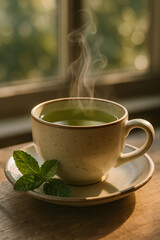 Steaming Cup of Green Tea with Fresh Mint Leaves by the Window