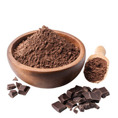 Sweet chocolate powder in a wooden, A wooden bowl filled with sweet chocolate powder, highlighting its deep brown hue and fine consistency for culinary use, isolated on transparent background
