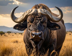 Powerful buffalo in golden savanna