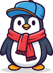 Cute cartoon penguin wearing a blue cap and red scarf standing happy and cheerful adorable winter character vector