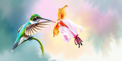 A vibrant hummingbird with colorful wings, flying freely in the sky