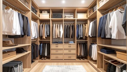 Modern Walk-in Closet with Light Wood Shelving, Organized Clothing and Shoes