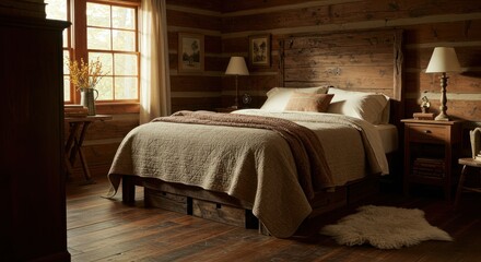Rustic bedroom features log walls bed bedside table window and rug Neutral color palette